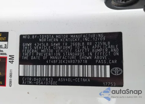 2010 Toyota Camry Le z USA, uszkodzony, nr VIN 4T4BF3EK2AR079718